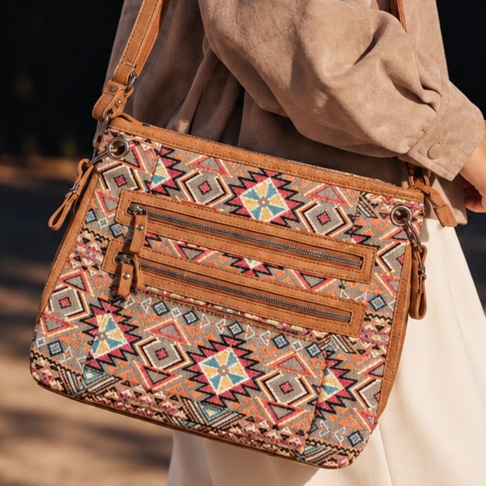 Bueno Tapestry Crossbody Bag Southwest Geometric Boho Multi Pocket Tan Purse